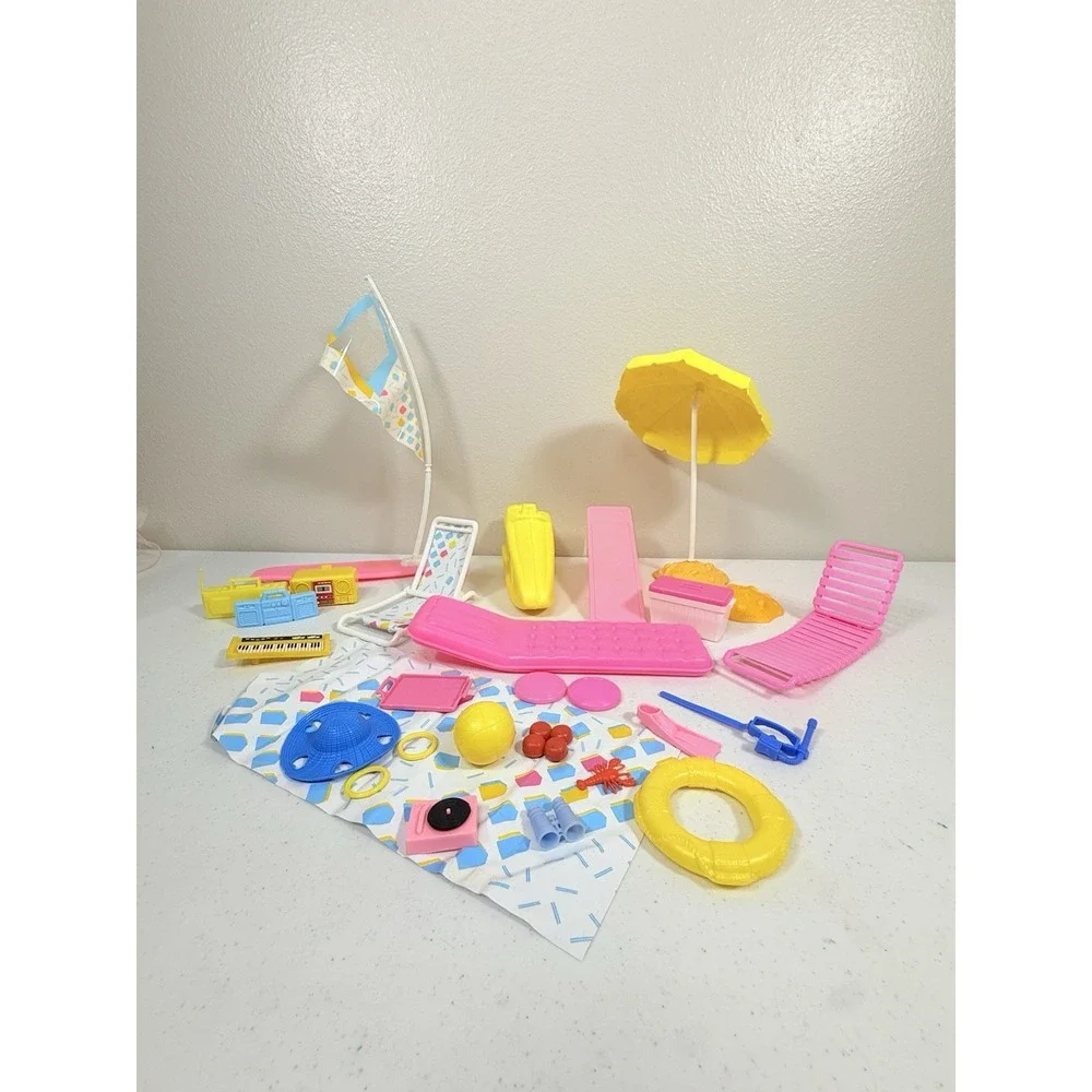 Vintage Barbie Beach Vacation Accessory Lot Mattel Umbrella Chairs Floats Etc